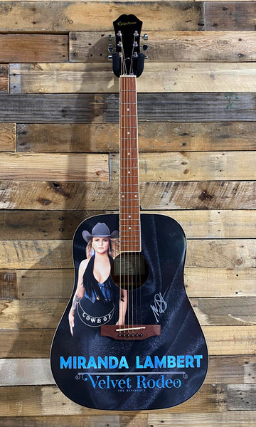 Guitar features image of Miranda with her autograph and the text "Miranda Lambert. Velvet Rodeo. The residency."
