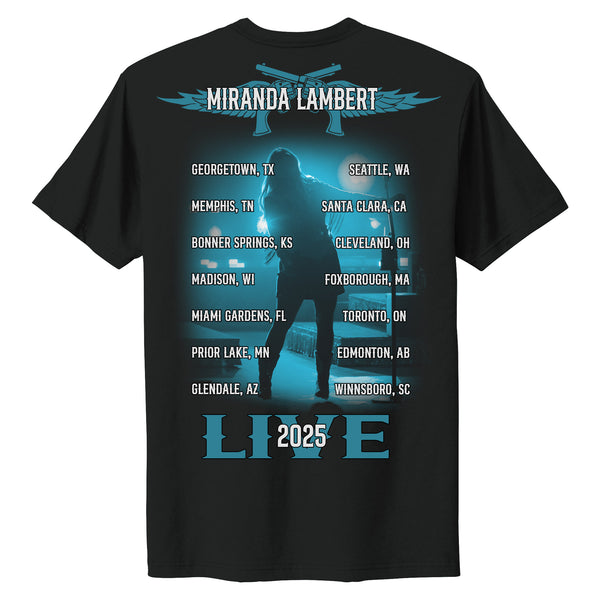 Back features a photo of Miranda performing live, her Guns and Wings logo, a list of tour stops, and the text "Miranda Lambert Live 2025"