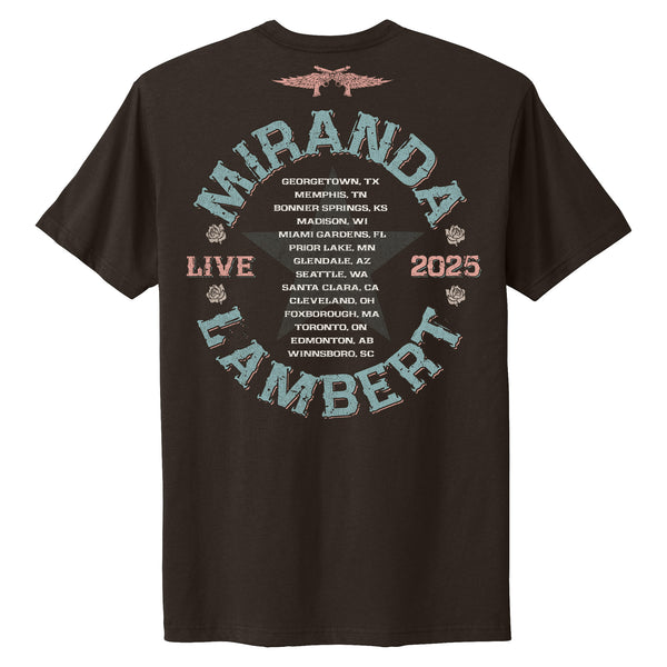 Back features Miranda's Guns and Wings logo with a list of tour stops and the text "Miranda Lambert Live 2025"