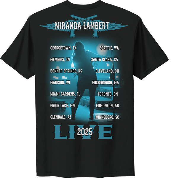 Back features a photo of Miranda performing live, her Guns and Wings logo, a list of tour stops, and the text "Miranda Lambert Live 2025"