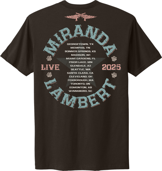 Back features Miranda's Guns and Wings logo with a list of tour stops and the text "Miranda Lambert Live 2025"