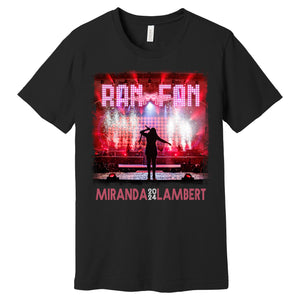 Front features a silhouette of Miranda performing on stage with sparkling pyrotechnics behind her. At the top is "Ran Fan" with Miranda's guns and wings logo. At the bottom is "Miranda Lambert 2024."