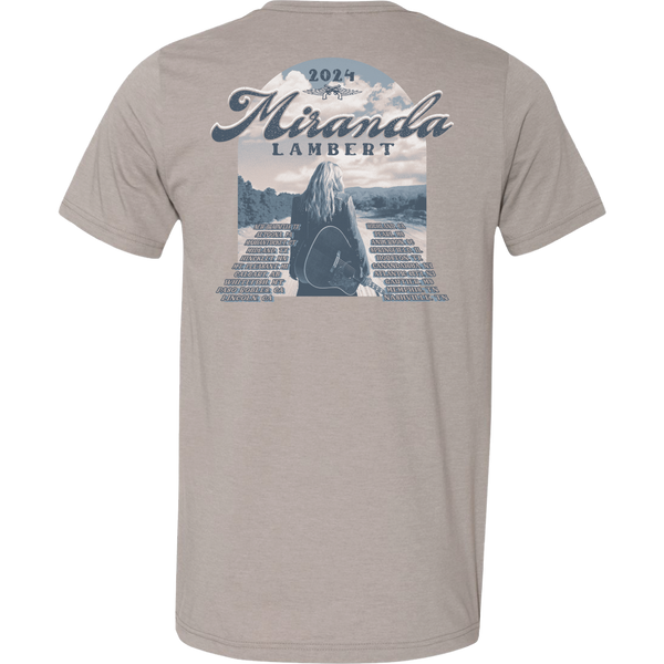 Back features the words "2024 Miranda Lambert" with a list of tour stops, a photo of Miranda, and the guns and wings logo.