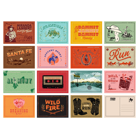 There are 15 colorful postcards, each featuring a design representing a track from the album "Postcards from Texas." The design on the reverse has areas for message, address, and stamp.