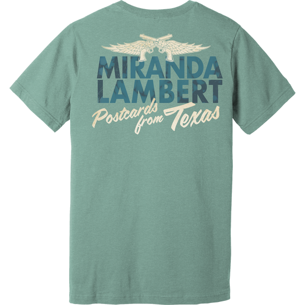 Tee back features the text "Miranda Lambert - Postcards from Texas" with Miranda's guns and wings logo.