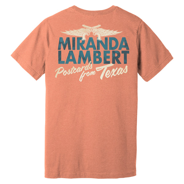 Tee back features the text "Miranda Lambert - Postcards from Texas" with Miranda's guns and wings logo.