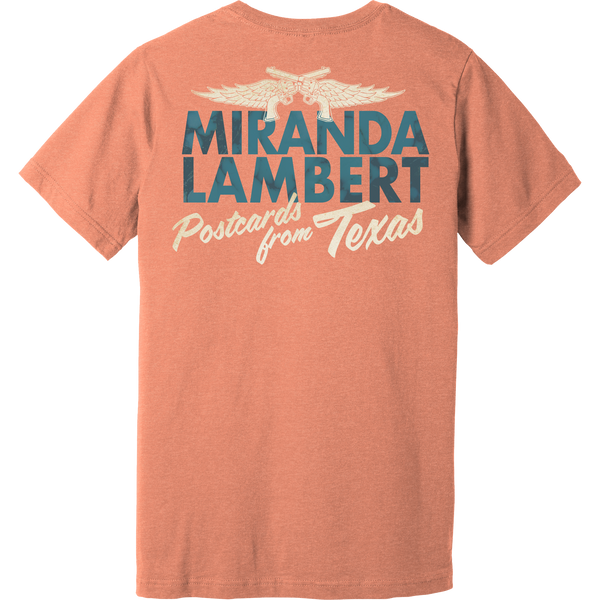 Tee back features the text "Miranda Lambert - Postcards from Texas" with Miranda's guns and wings logo.