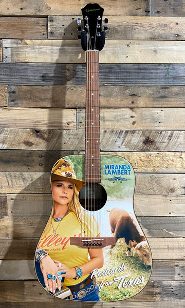 The guitar design features an image of Miranda with the text "Miranda Lambert - Postcards from Texas".