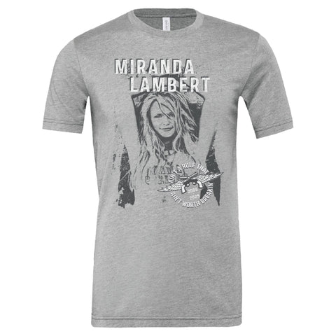 Front features a Kerosene-era photo of Miranda with the text "Miranda Lambert. Ain't a rule that ain't worth breakin'. 2005-2025" with Miranda's guns and wings logo.