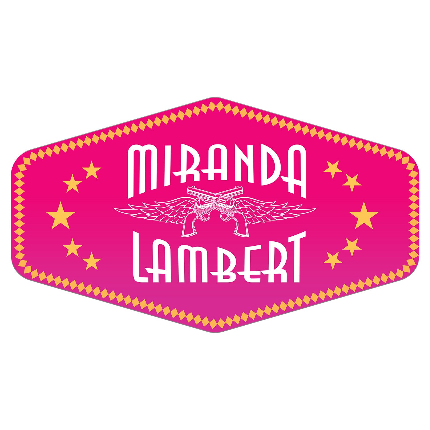 Sticker features "Miranda Lambert" with guns and wings logo and stars.