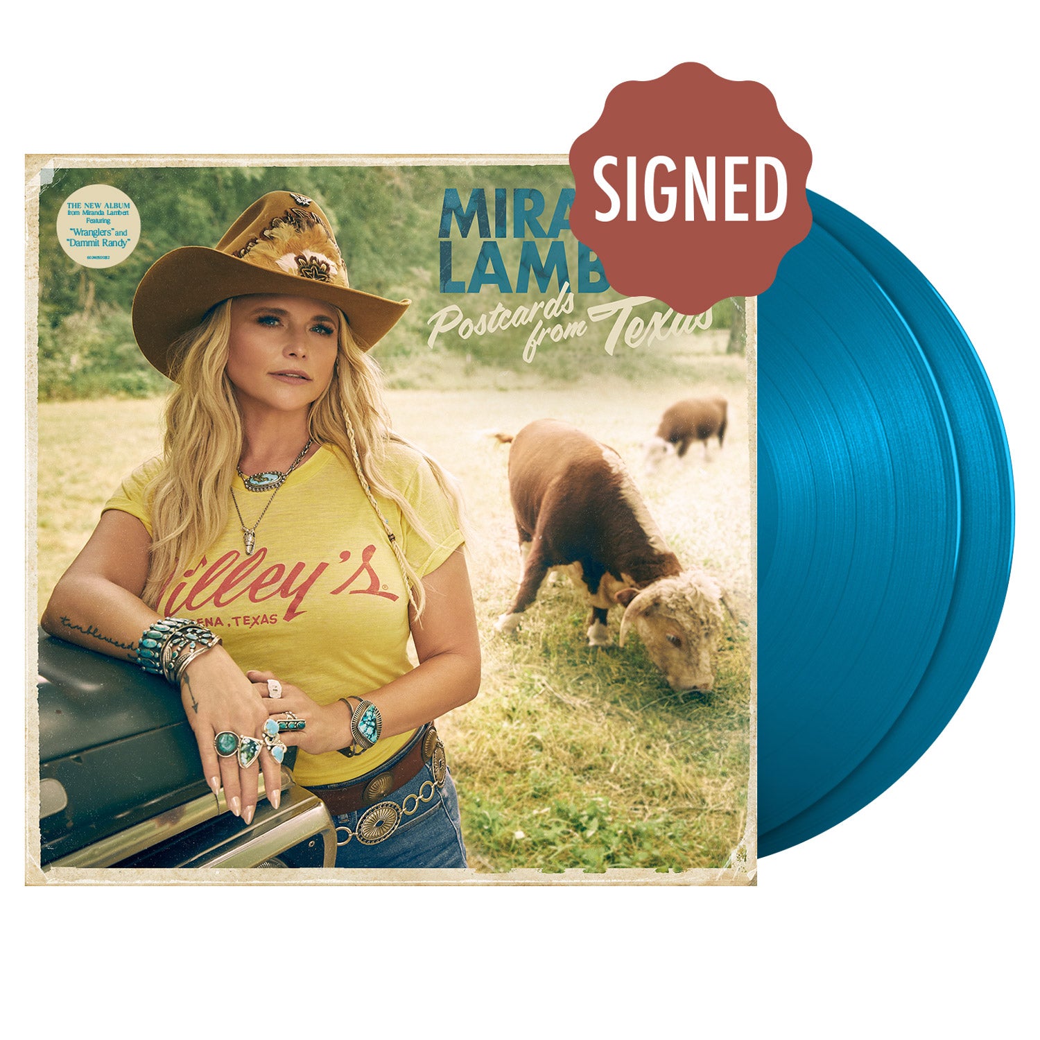 The vinyl cover features an image of Miranda with the text "Miranda Lambert - Postcards from Texas". The LP is blue.