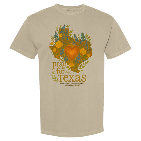 The front features the shape of Texas with a heart, bluebonnets, and yellow roses along with the text, "Pray for Texas. Junk Gypsy. Miranda Lambert. Texas Flood Relief."