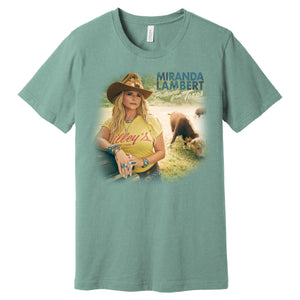 Tee front features image of Miranda with the text "Miranda Lambert - Postcards from Texas"