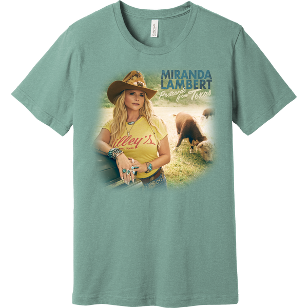 Tee front features image of Miranda with the text "Miranda Lambert - Postcards from Texas"