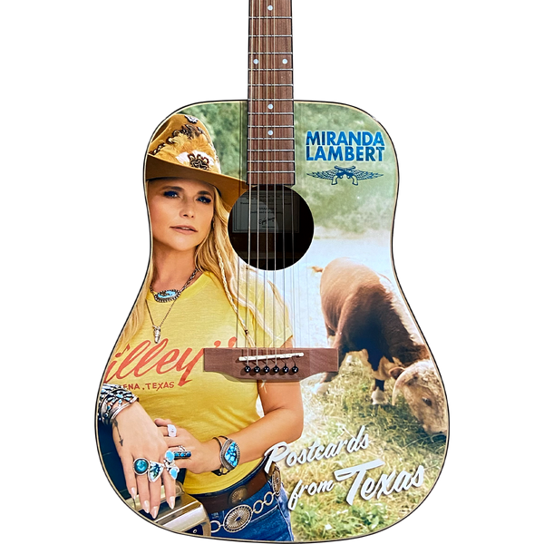 The guitar design features an image of Miranda with the text "Miranda Lambert - Postcards from Texas".