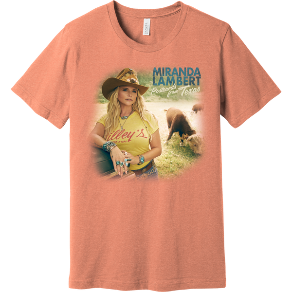 Tee front features image of Miranda with the text "Miranda Lambert - Postcards from Texas"