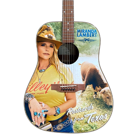 The guitar design features an image of Miranda with the text "Miranda Lambert - Postcards from Texas".