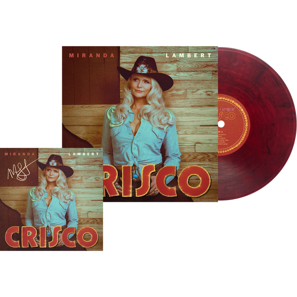 The vinyl cover art features an image of Miranda in a cowboy hat and denim shirt against a woodgrain background with the text “Miranda Lambert Crisco”. A separate insert of the cover art is signed by Miranda.