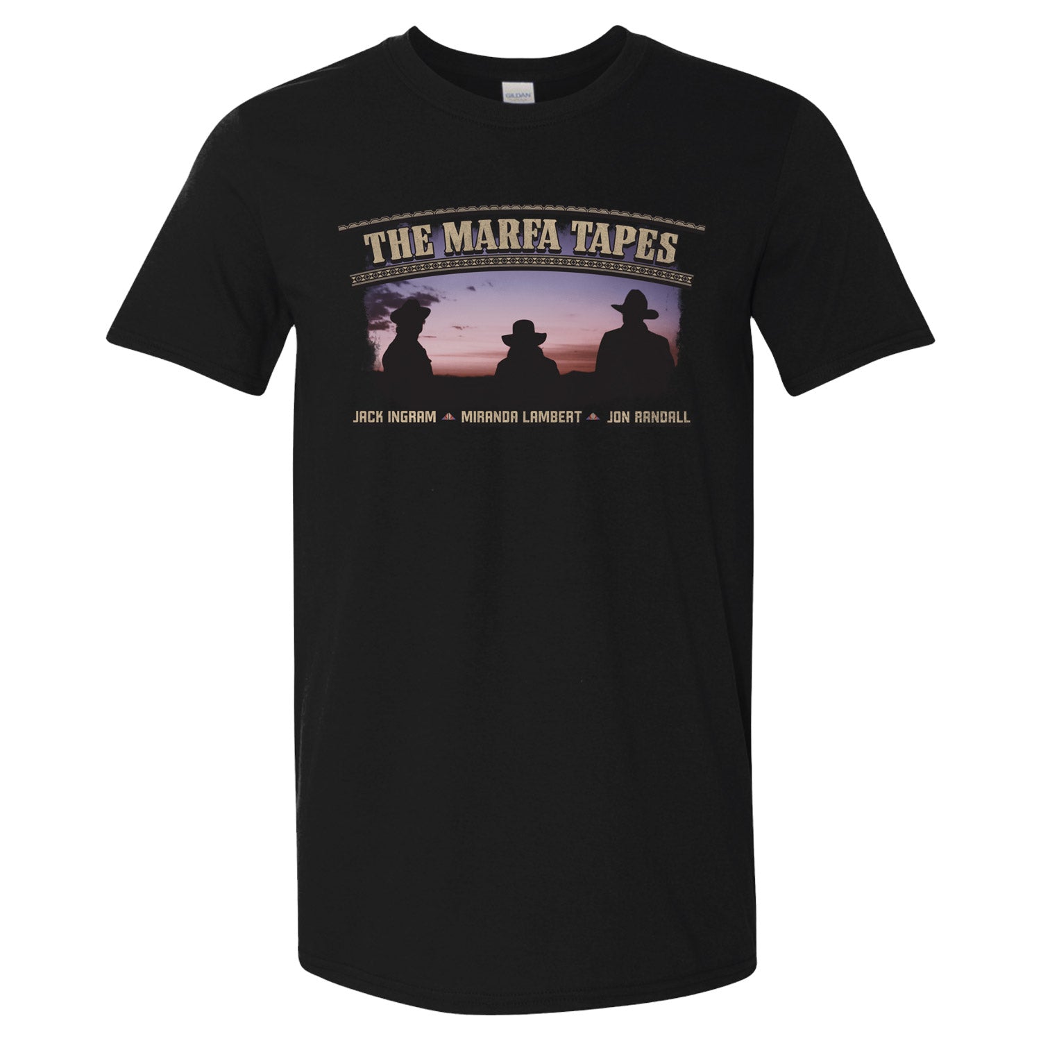 T-shirt front with "The Marfa Tapes" and image of Jack Ingram, Miranda Lambert, and Jon Randall.