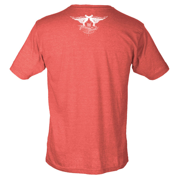 Shirt back with guns and wings logo and "Road tested by the Junk Gypsies and Pistol Annies."