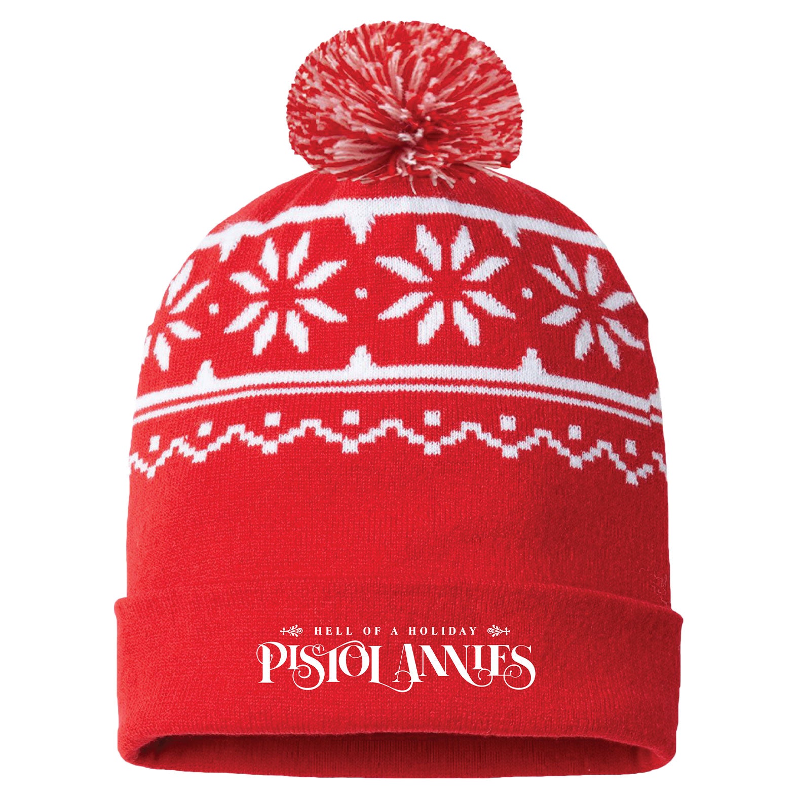 Beanie with festive design and "Hell of a Holiday, Pistol Annies"