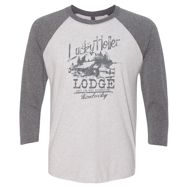 Shirt front with cabin graphic and "Lucky Holler Lodge, fancy low rent accommodations, Kentucky."