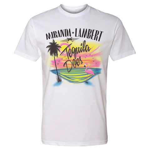 T-shirt front with an airbrushed beach sunset graphic and "Miranda Lambert - Tequila Does"