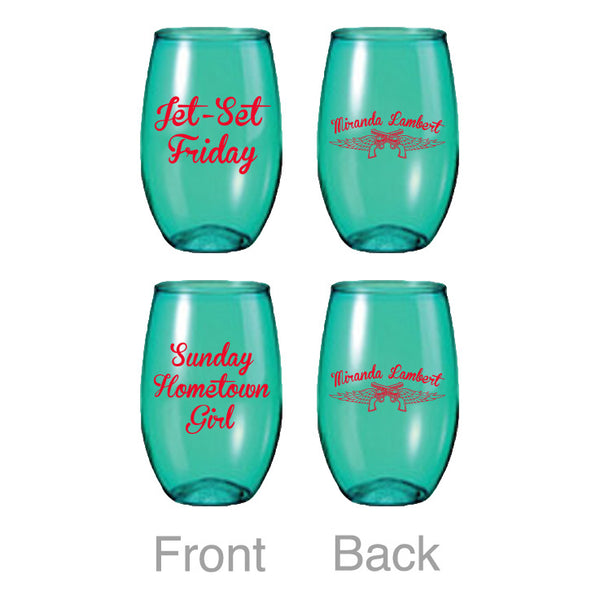 Acrylic wine glasses. Front 1: "Let-Set Friday." Front 2: "Sunday Hometown Girl." Both back: "Miranda Lambert" and guns and wings logo.