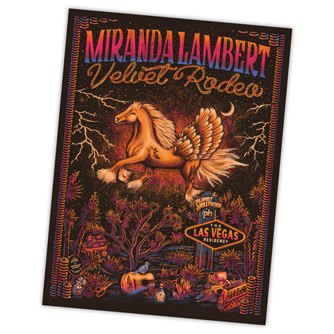Poster features flying horse image with "Miranda Lambert. Velvet Rodeo. The Las Vegas Residency. Planet Hollywood."